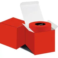 Red single toilet roll set inside a glossy red gift box